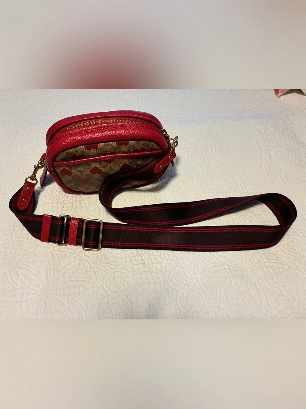 Coach Camera Signature Red Heart Print Crossbody Bag